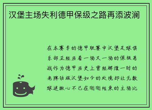 汉堡主场失利德甲保级之路再添波澜