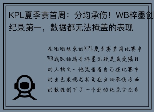KPL夏季赛首周：分均承伤！WB梓墨创纪录第一，数据都无法掩盖的表现