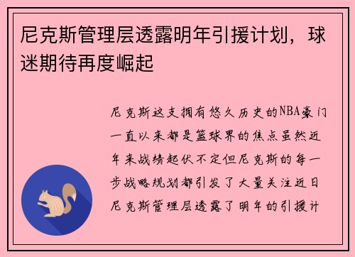 尼克斯管理层透露明年引援计划，球迷期待再度崛起