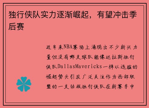 独行侠队实力逐渐崛起，有望冲击季后赛